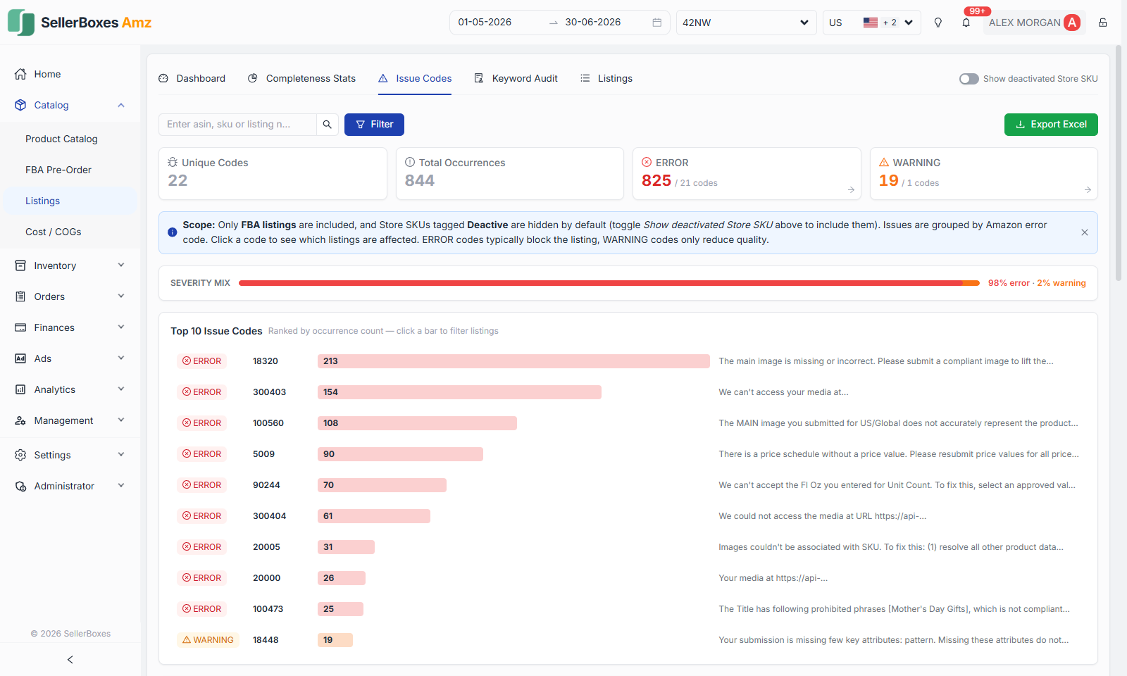 Issue codes view with unique codes, total occurrences, error and warning counts, and a ranked top-ten issue codes chart