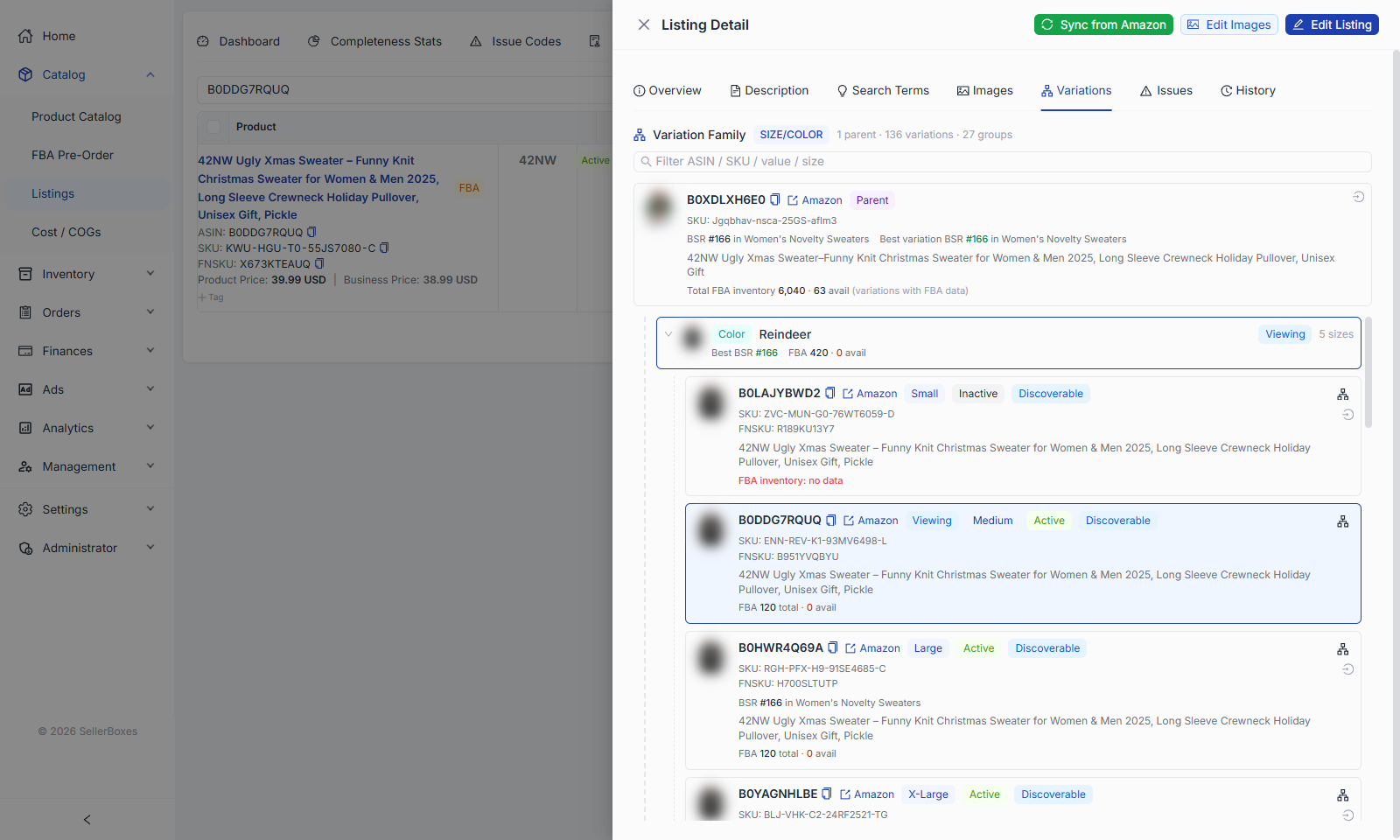 Listing detail drawer on the Variations tab showing a parent ASIN and its child variations grouped by size and colour, each with status, best-seller rank and FBA stock