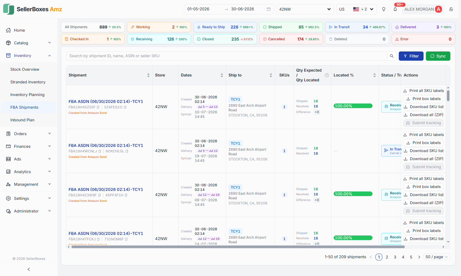 FBA shipments table listing inbound shipments with destination, status, units shipped and received