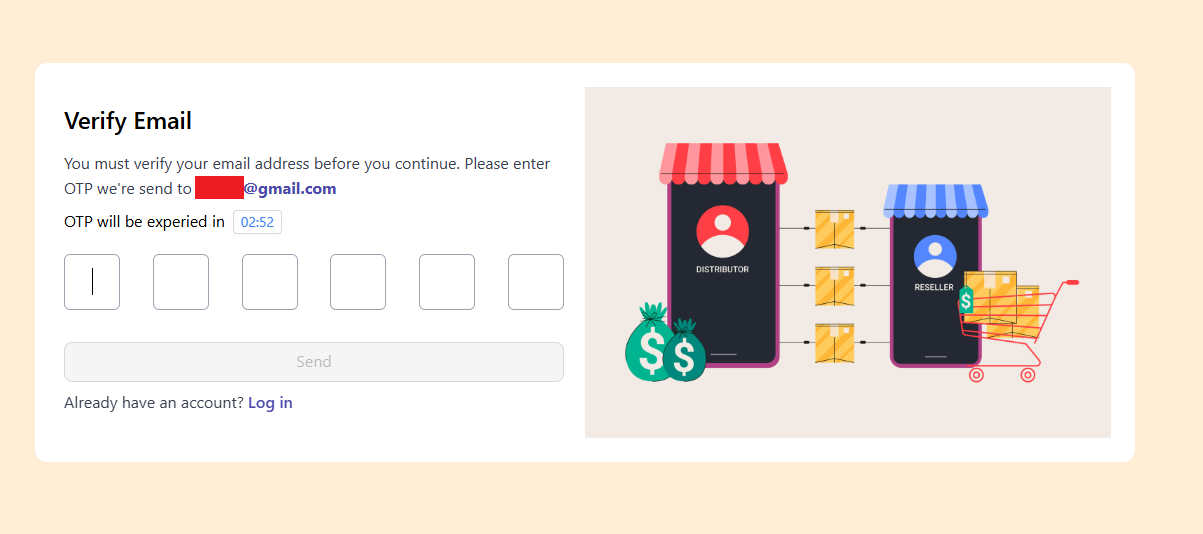 OTP verification screen with 6-digit code input