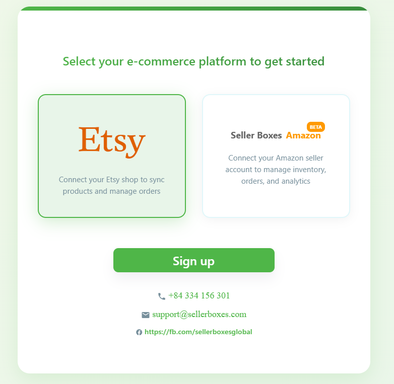 Platform selection page showing SellerBoxes Etsy option