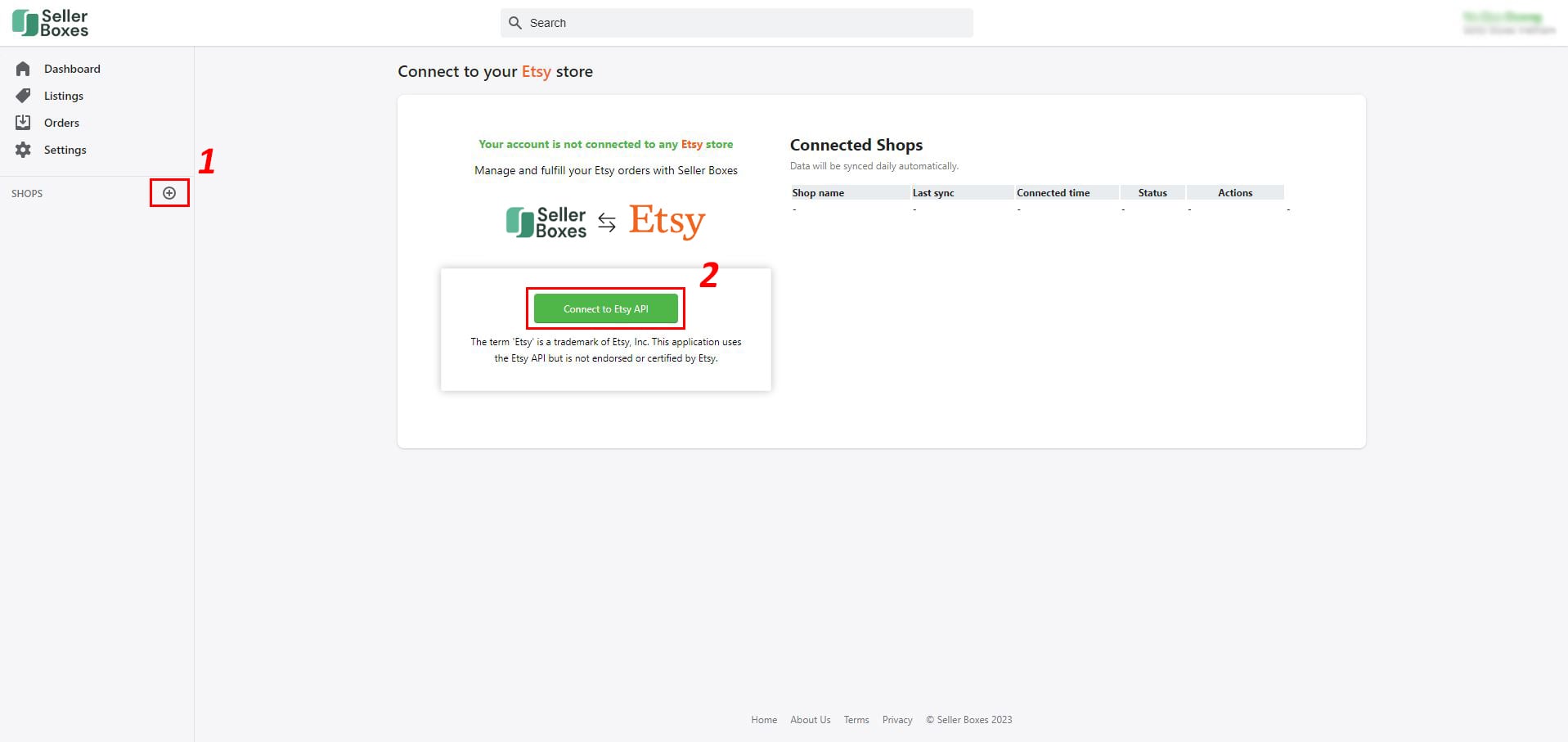 SellerBoxes dashboard Shop section with Connect to Etsy button highlighted