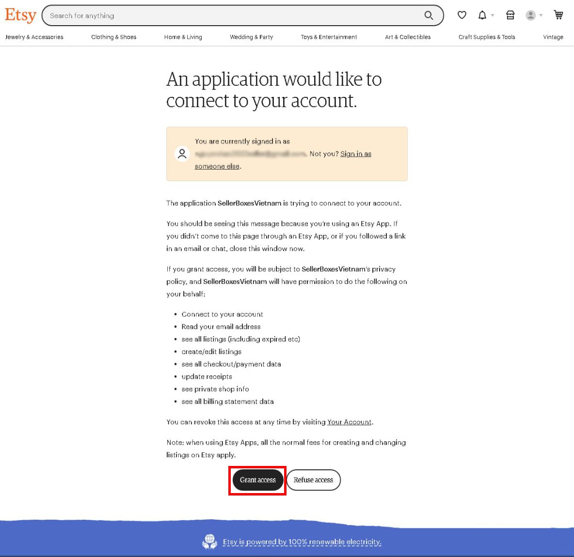 Etsy OAuth authorization screen with Grant access button highlighted